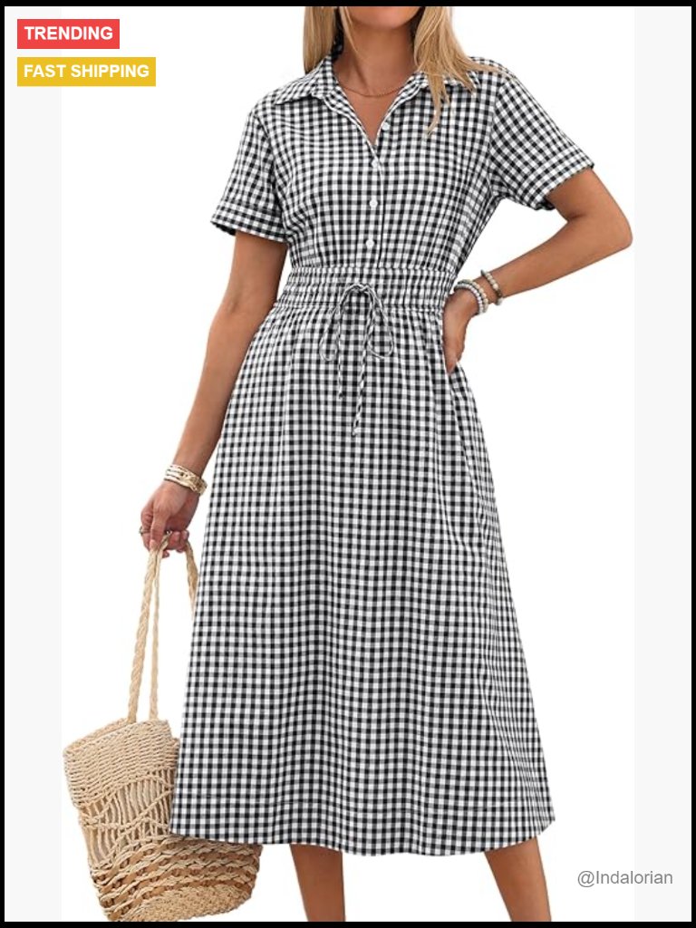 Striped & Gingham Short Sleeve Midi Dress With Pockets